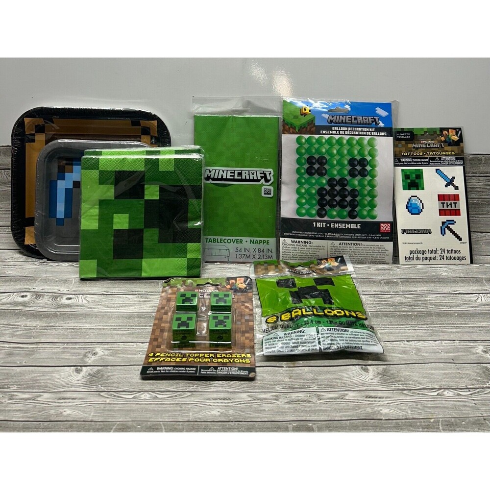 Minecraft Party-9 Piece Kit-Plates Napkins Balloons Table Cover Hanging Decor